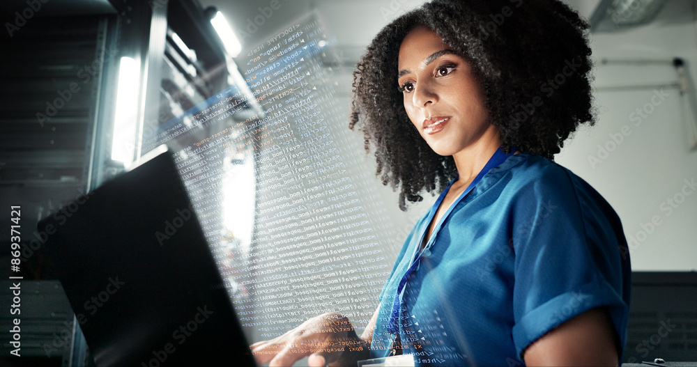 Poster Laptop, server room and technician programming software, update or system network overlay. Technology, data center or woman on database for information, cyber security or code for ai cloud computing