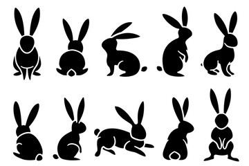 Black flat minimalistic bunny illustrations. Cute rabbits isolated silhouette shapes collection.