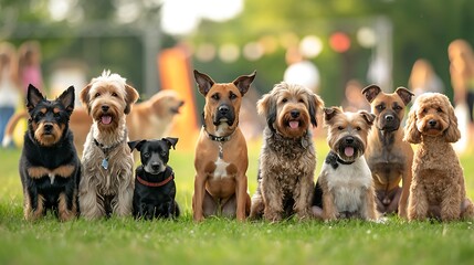 A group of rescue dogs being showcased for adoption at a World Dog Day fair, with banners and stands in the background. Copy space for text, sharp focus and clear light, high clarity, no grunge,