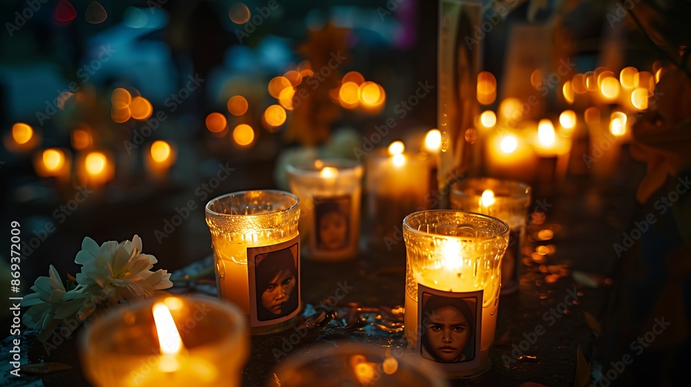 Wall mural candlelight vigil with photos of missing persons it is a symbol of the international day of remembra