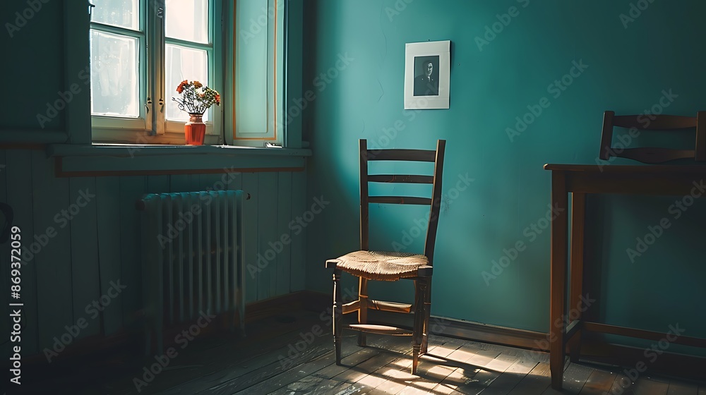 Poster an empty chair with a photograph of a missing person placed on it, representing the absence felt on 