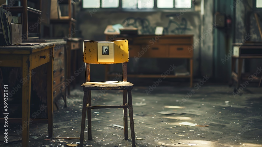 Poster an empty chair with a photograph of a missing person placed on it, representing the absence felt on 