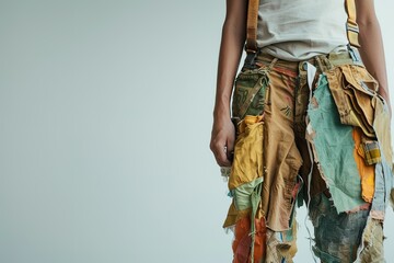 Unique patchwork pants on person against neutral backdrop