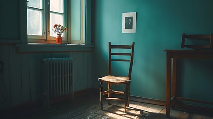 An empty chair with a photograph of a missing person placed on it, representing the absence felt on the International Day of Remembrance of Enforced Disappearance. Copy space for text, sharp focus