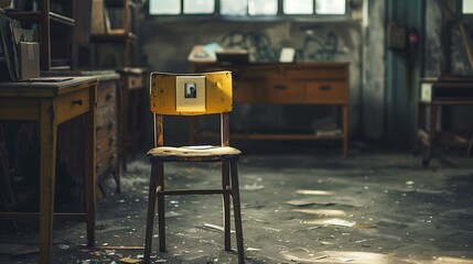 An empty chair with a photograph of a missing person placed on it, representing the absence felt on the International Day of Remembrance of Enforced Disappearance. Copy space for text, sharp focus