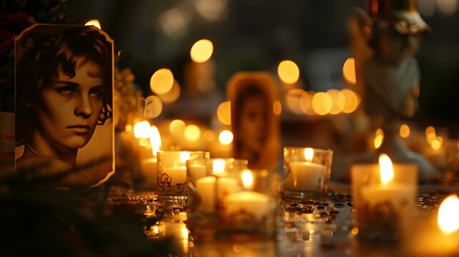 Candlelight vigil with portraits of disappeared individuals, symbolizing the International Day of Remembrance of Enforced Disappearance. Copy space for text, sharp focus and clear light, high