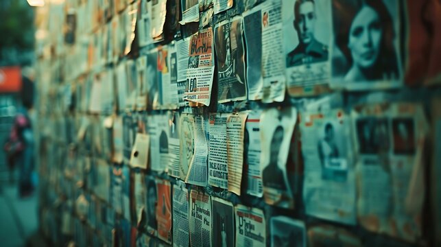 A wall covered with posters of missing persons, symbolizing the ongoing search for truth and justice on the International Day of Remembrance of Enforced Disappearance. Copy space for text, sharp