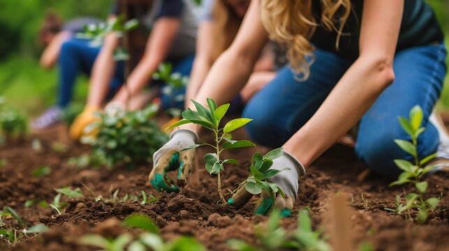 A group of volunteers planting trees in a community park, promoting environmental charity efforts on International Day of Charity. Copy space for text, sharp focus and clear light, high clarity, no