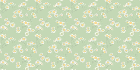 Pastel mint green pattern with tiny branches flowers chamomile. Abstract artistic bouquet floral seamless print. Vector hand drawing sketch. Design for fashion, fabric, wallpaper, textiles,