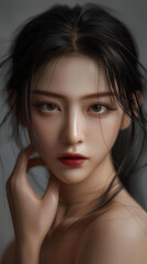 Naklejka premium A girl with long black hair and lipstick posing with eerie realism, dao trong le style, k resolution, Chinese brushwork.
