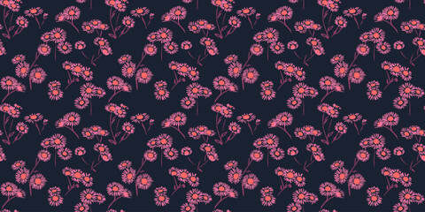 Summer pattern with tiny branches flowers chamomile on a black dark background. Abstract artistic floral seamless print. Vector hand drawing sketch. Design for fashion, fabric, wallpaper, textiles,