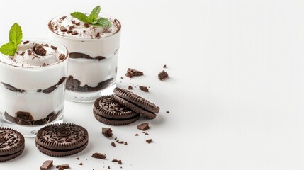 Two glass cups with whipped cream and chocolate cookie layers, topped with crumbs, on a white surface