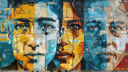 A community mural depicting faces of the disappeared, created by local artists to raise awareness on the International Day of Remembrance of Enforced Disappearance. Copy space for text, sharp focus