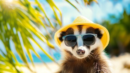 Fototapeta premium Relaxing badger with sun hat and sunglasses on beach.