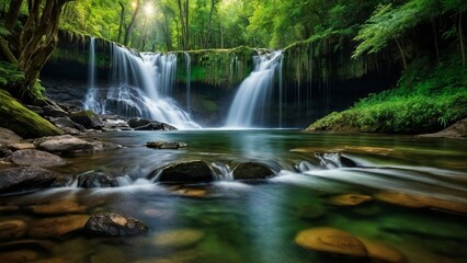 Natural waterfalls in the middle of green forest