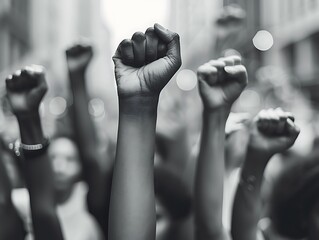 A powerful black and white photo of a group of protestors raising their fists in a march against human trafficking.