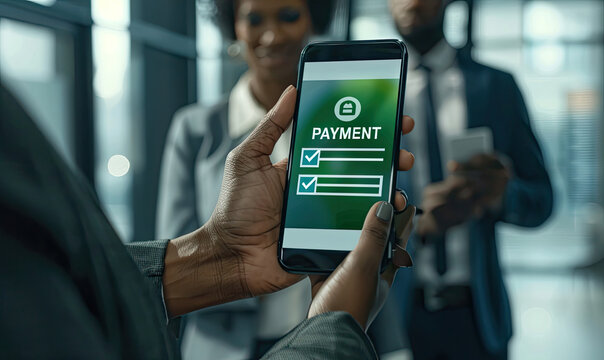 Businesswoman making secure online payment using mobile phone app - Powered by Adobe