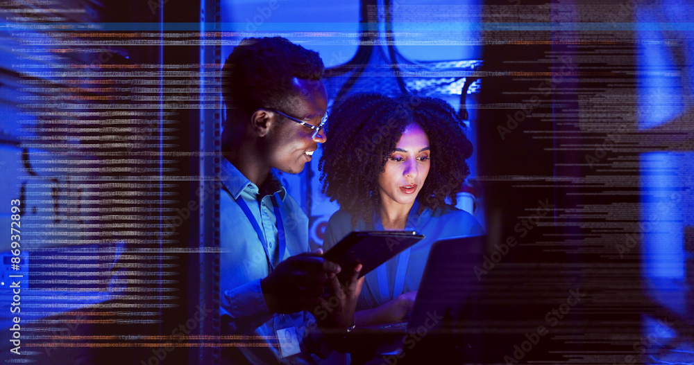 Aufkleber Man, woman and tablet with overlay for technology, maintenance or night data center or futuristic. Teamwork, digital information and cloud computing with app, network programming or problem solving