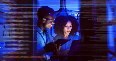 Man, woman and tablet with overlay for technology, maintenance or night data center or futuristic....