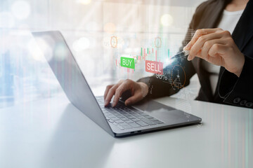 Investment concepts, investors with investment graphs, stock trading graphs, profit and loss graphs of operating businesses, planning and solving problems in business operations, stock trading.