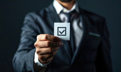 Businessman holding check mark symbol showing validation