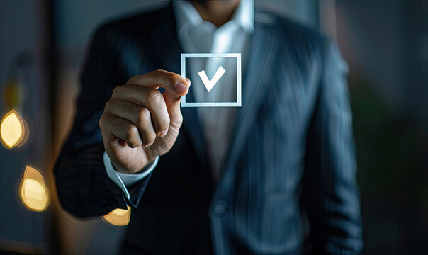Businessman showing check mark for quality assurance and guarantee approval