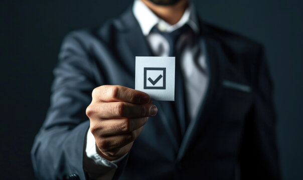 Businessman holding check mark symbol showing validation