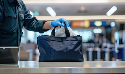 Naklejka premium Airport security officer inspecting luggage at security checkpoint