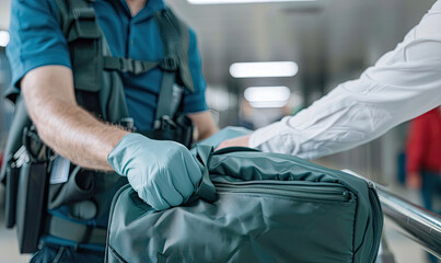 Airport security officer checking luggage with passenger assisting
