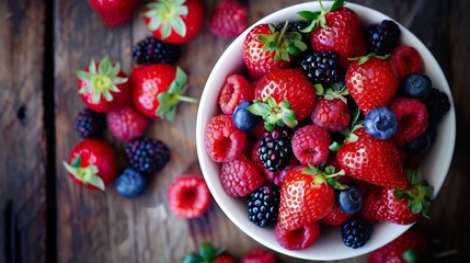 A bowl of fresh strawberries, raspberries, blackberries, and blueberries on a rustic wooden table.