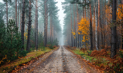 Fototapeta premium Dirt road leading through a misty forest in autumn