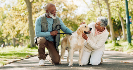 Love, senior couple and pet outdoor on walk together for group exercise, health and wellness in...