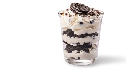 A glass filled with layers of chocolate cookies, creamy filling, and whipped cream, topped with a cookie