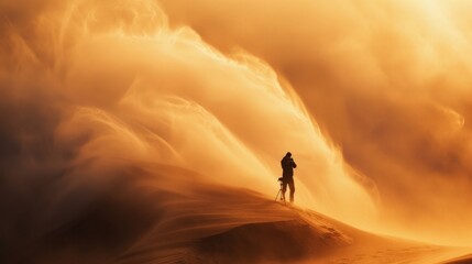 Fototapeta premium A lone figure stands silhouetted against a massive, swirling dust storm. The golden light of the setting sun illuminates the scene.