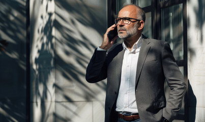 Serious businessman talking on phone in city center