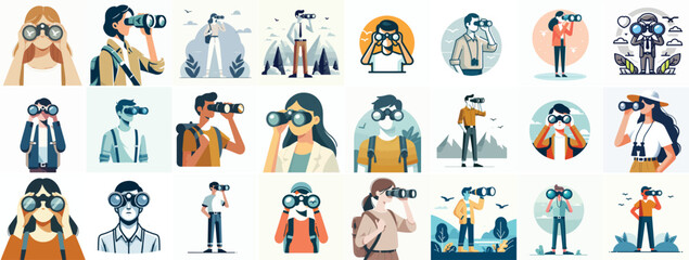 vector set of people using binoculars in flat design style