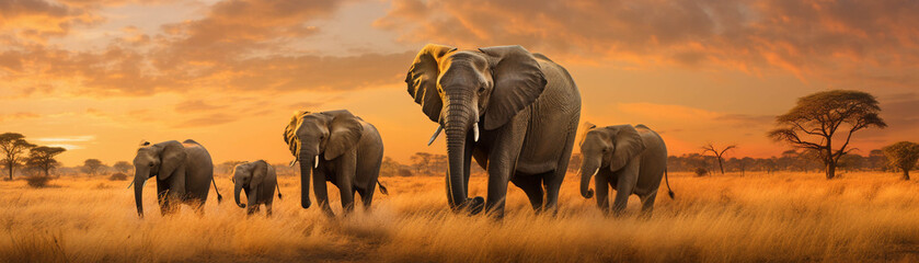 Obraz premium A herd of elephants walking across the savannah at sunset, showcasing the beauty of wildlife and nature in their natural habitat.