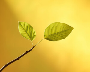 Close-up of two green leaves on a branch against a vibrant yellow background, symbolizing nature and growth.