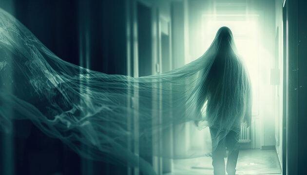 PTSD is a haunting ghost: Picture a ghostly figure following a person, symbolizing the persistent memories and flashbacks of trauma in PTSD