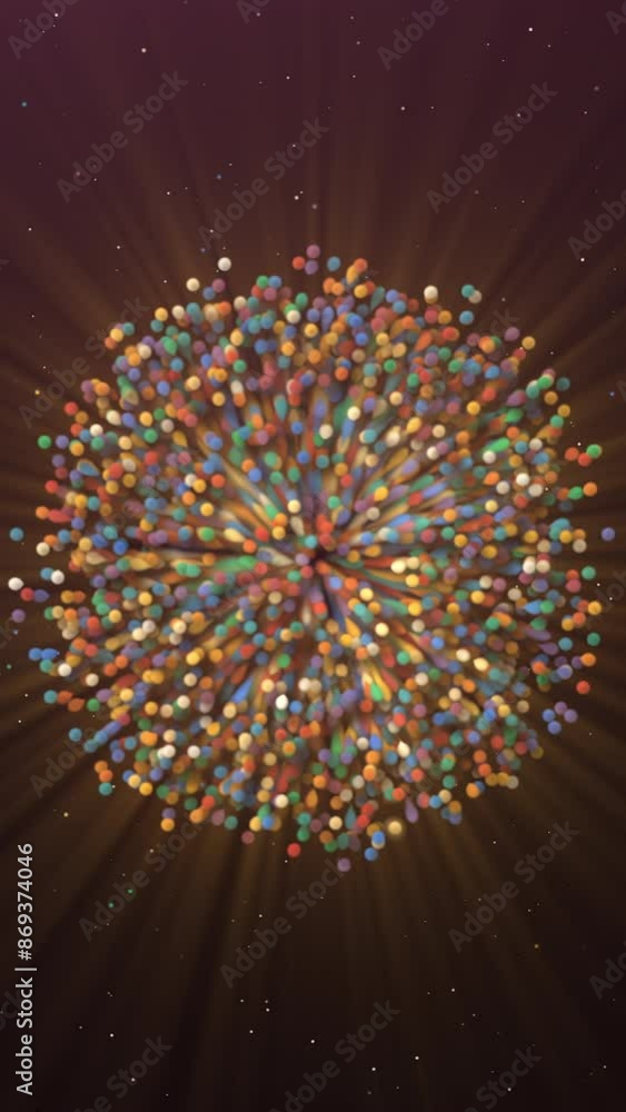 Poster round spherical object of many small glowing particles. motion. multicolored ball shrinking and disa
