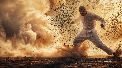 Obraz premium A man runs through a fiery explosion, debris flying around him. The image is dramatic and powerful.