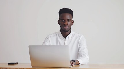 Full length of focused young black man working online with laptop computer, sitting at desk against white studio wall. Serious African American CEO