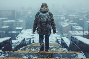 Person Walking Up Snowy Stairs in City During Winter