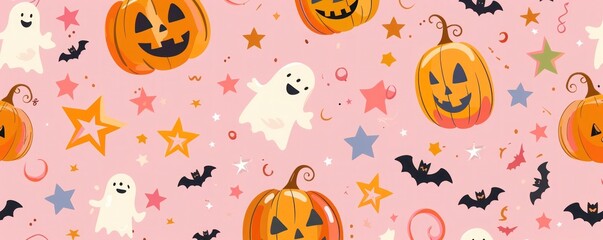 Cute Halloween pattern with smiling pumpkins, friendly ghosts, and colorful stars on a pink background