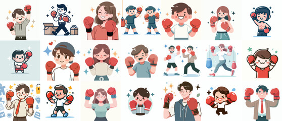 vector set kid is using boxing gloves with a flat design style