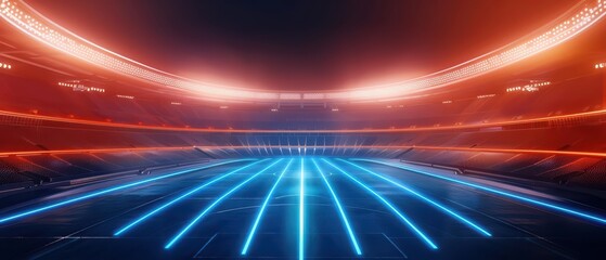 Hightech illustration of a stadium with vibrant HUD elements and modern aesthetics with copy space