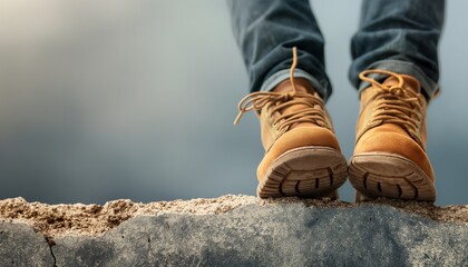 A close-up shot of a person wearing yellow boots and standing at the very edge of a rocky cliff, symbolizing adventure and bravery with a hint of danger and excitement.