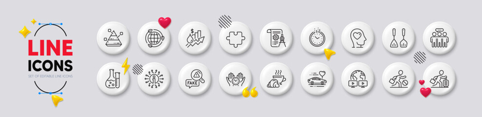 Honeymoon travel, Mental health and Croissant line icons. White buttons 3d icons. Pack of Divider document, Employees group, Pyramid chart icon. Fake news, Travel delay, Safe time pictogram. Vector