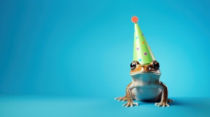 Funny frog with birthday party hat on blue background.