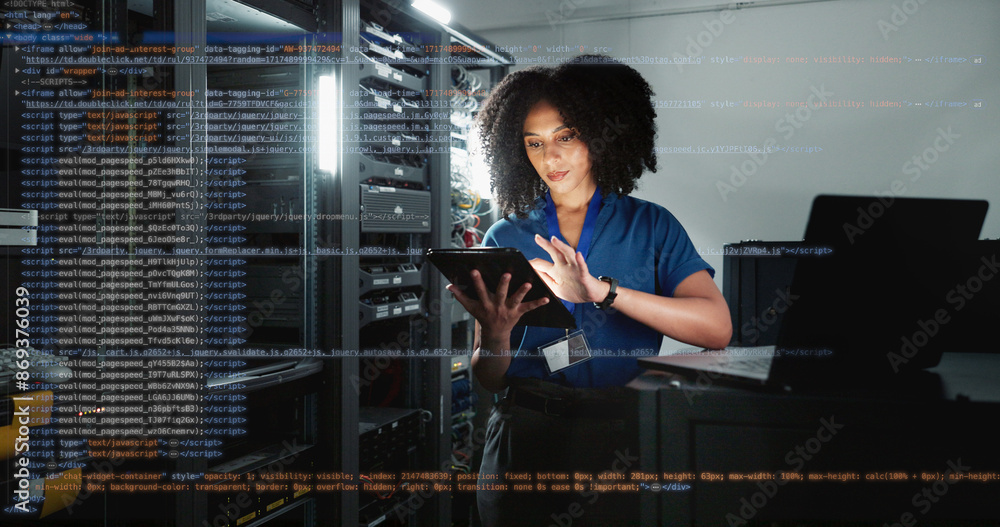 Poster Server room, woman or digital tablet for coding, system update or cybersecurity. Software management, inspection or IT programmer with overlay for problem solving, data or troubleshooting at night